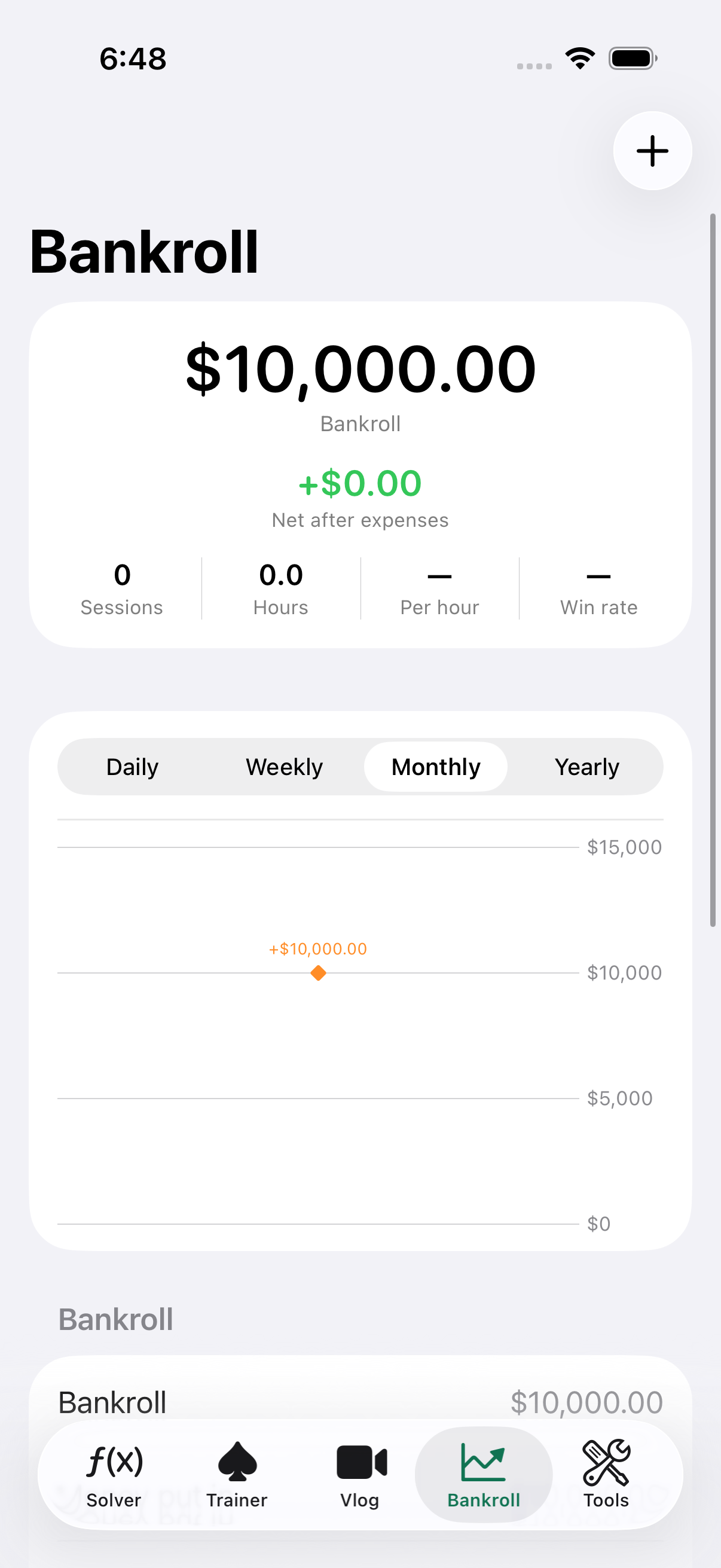 Bankroll screen showing balance and results