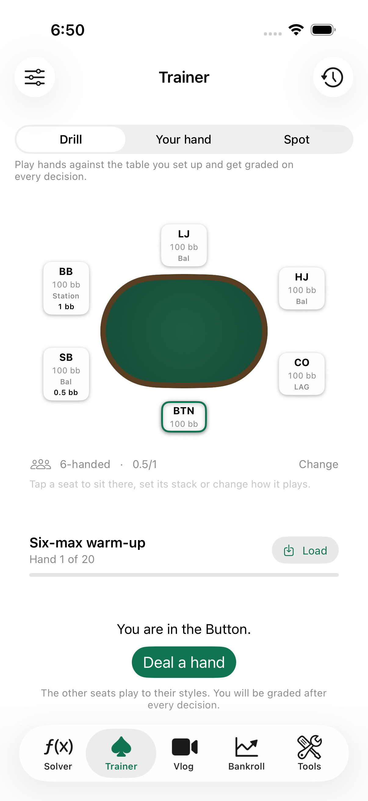 The trainer table with six seats, their stacks and their playing styles