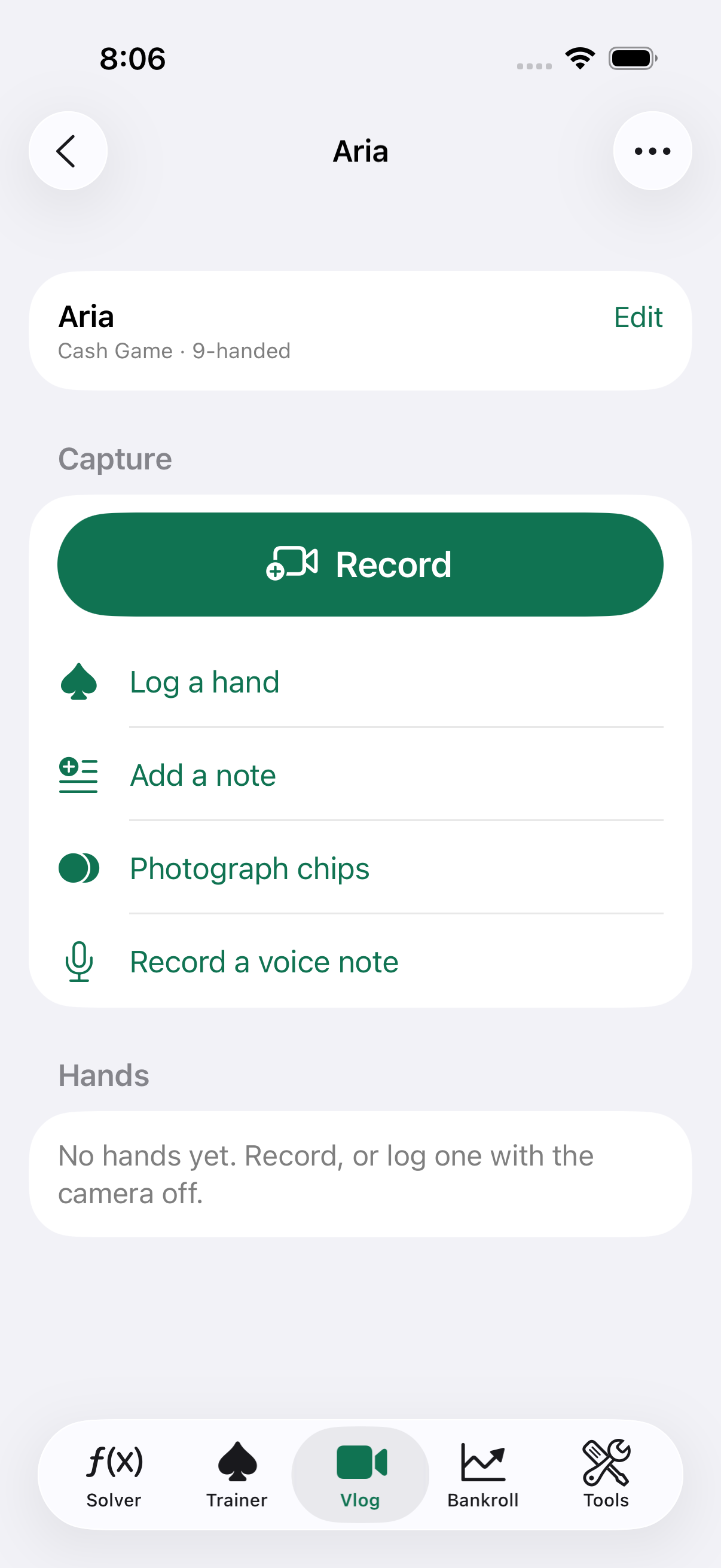 A vlog session with capture options and the table state